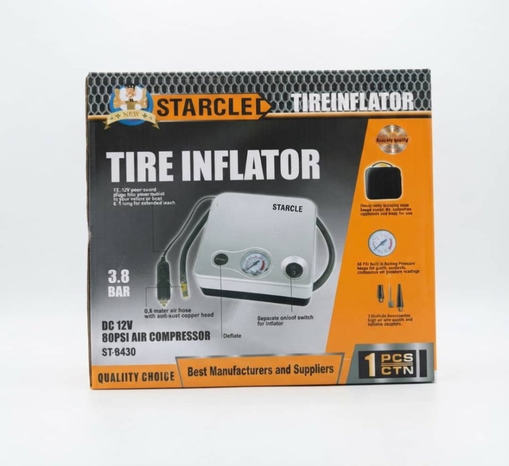 منفاخ إطارات السيارات الكهربائي المحمول STARCLE ST-8430 (بقوة 12V و 80PSI) مع حقيبة تنظيم وملحقات